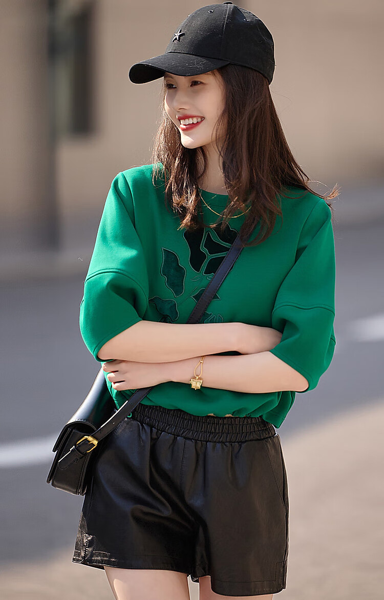 Dme Floral Embroidered Spring And Autumn Round Neck Air Layer Three-Quarter Sleeve Elastic Loose Sweatshirt Women's Top, Cyan Green, L 15