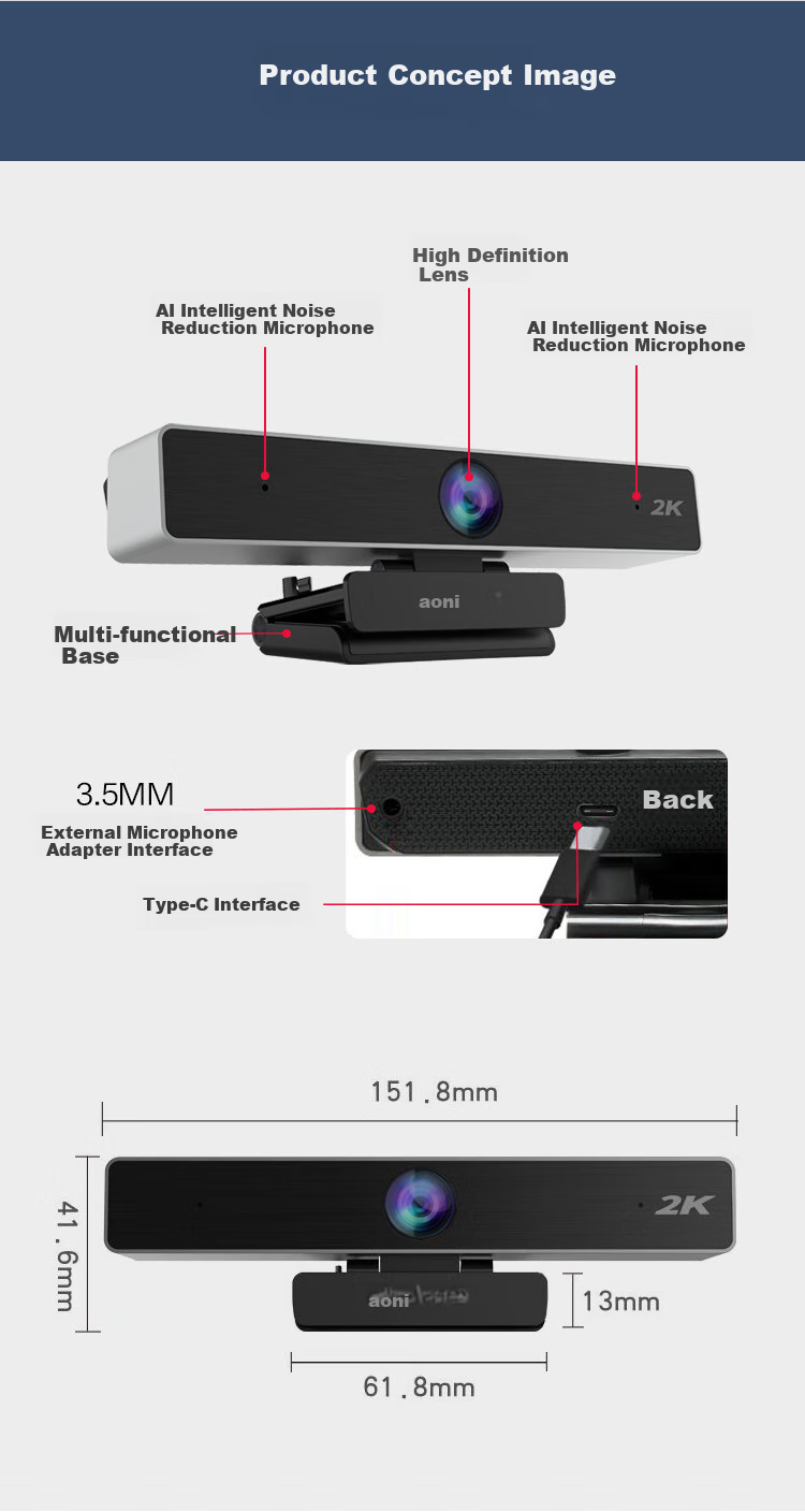 Aoni Conference Camera, Computer Webcam, HD 2K Wide-Angle USB Webcam for Video Conferencing, Built-In Noise-Cancelling Microphone, C90Pro 10