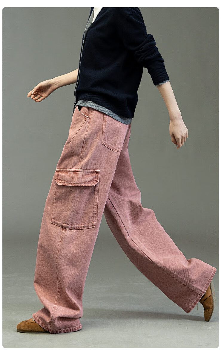 Dme [Sweet Cool Mountain Style] Spring And Autumn Asute-Dyed Nostalgic Multi-Pocket Wide-Leg Cargo Pants for Women, Denim Jeans 6