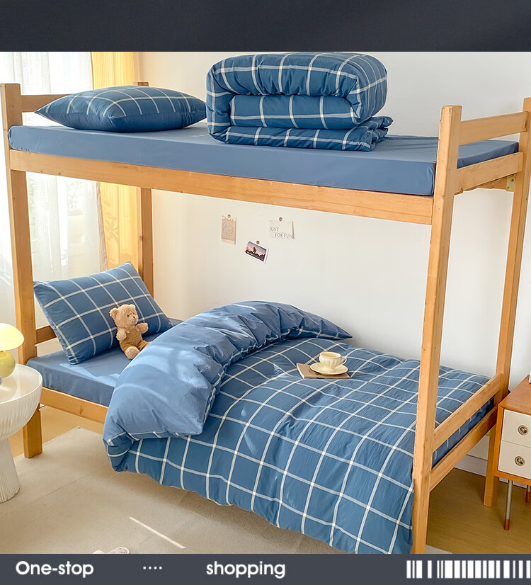 Wuyinliangpin Cotton Student Bedding Set, Dormitory Bed Sheet Duvet Cover Pillowcase Single Bed Three-Piece Set, Blue-Gray Large Check Patter 2