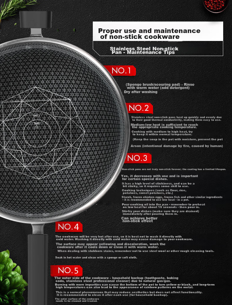 COOKER KING Wok, Honeycomb Pattern 304 Stainless Steel Flat Bottom Non-Stick Wok, Double-Sided Screen Wok, 34CM 18