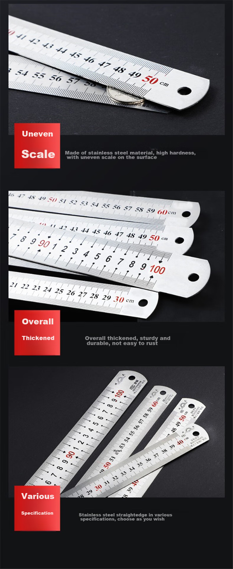 Tianshun Steel Straight Ruler, 50 Cm, Thickened Stainless Steel Ruler, for Woodworking, 0.1mm Precision, Measuring Tool 11