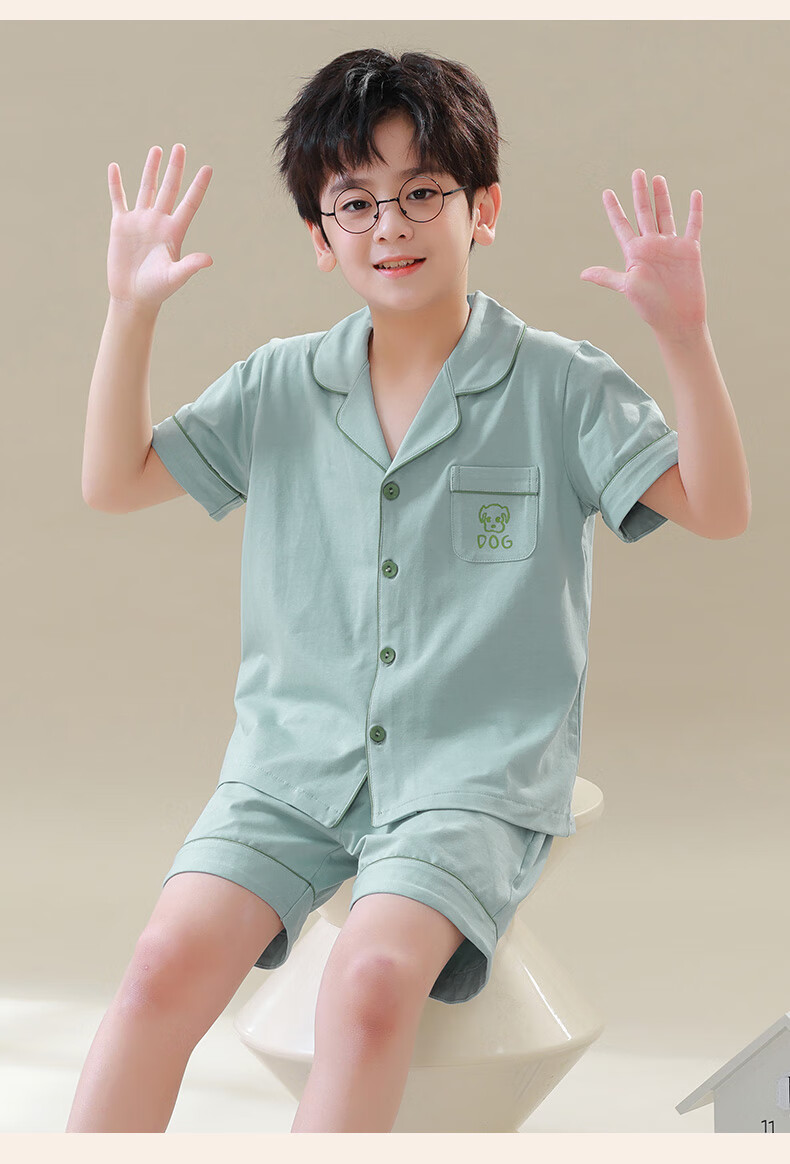 Hengyuanxiang Children's Pajamas, Boys' Pure Cotton Summer Thin Short-Sleeve Loungewear, Cardigan Sleepwear And Pajama Pants Set 7