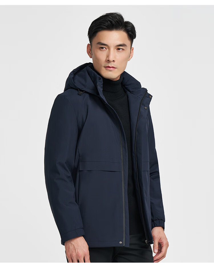 TRIES Men's Fleece-Lined Hooded Jacket Autumn Winter Windproof Solid Color Fashion Warm Outerwear 1