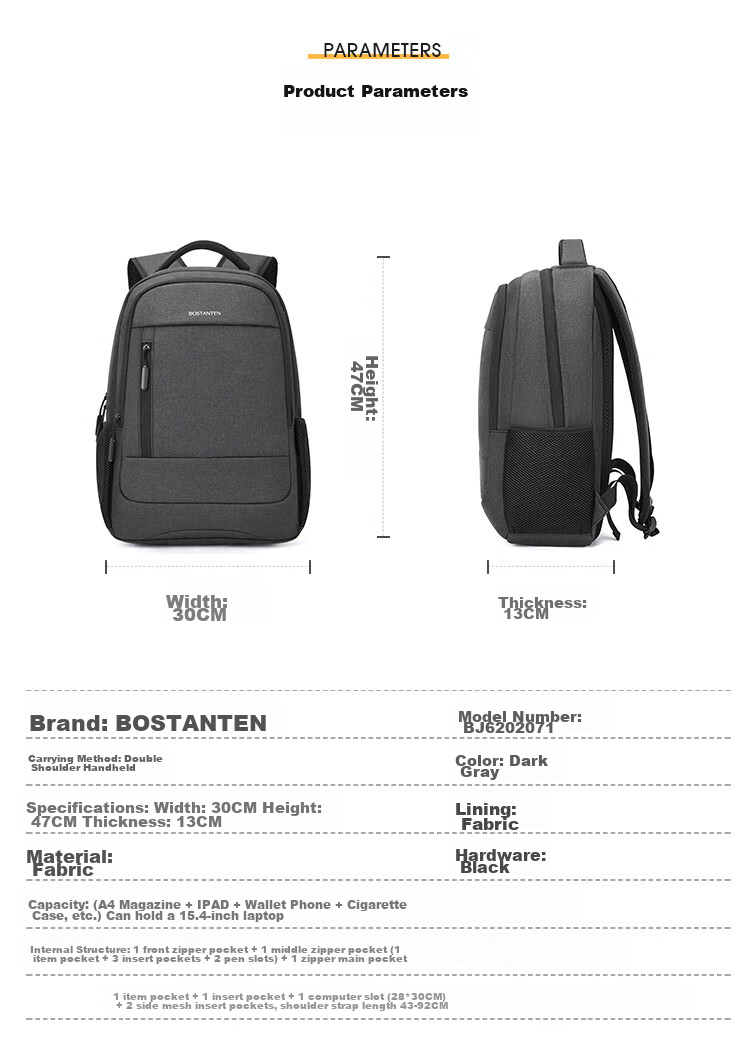 BOSTANTEN Men's Backpack, High School And College Student Bookbag, Trendy Backpack, Large Capacity Laptop Bag for Men And Wome 13
