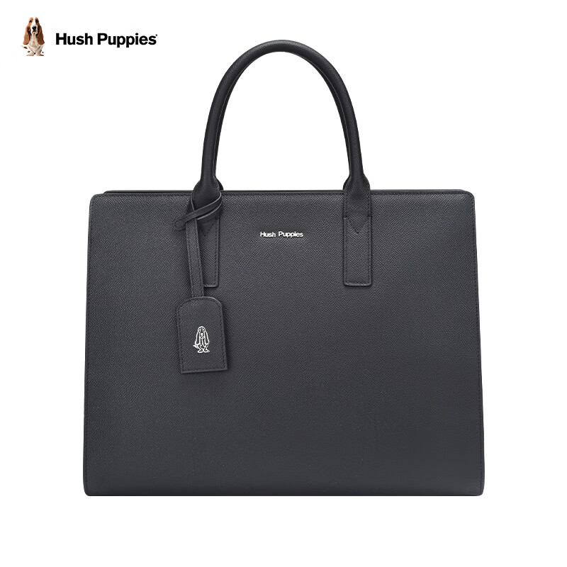 Hush Puppies Top-Grain Leather Briefcase, Trendy Fashion Men's Bag, Casual Business Bag, Horizontal Handbag, Black, Qixi Gift