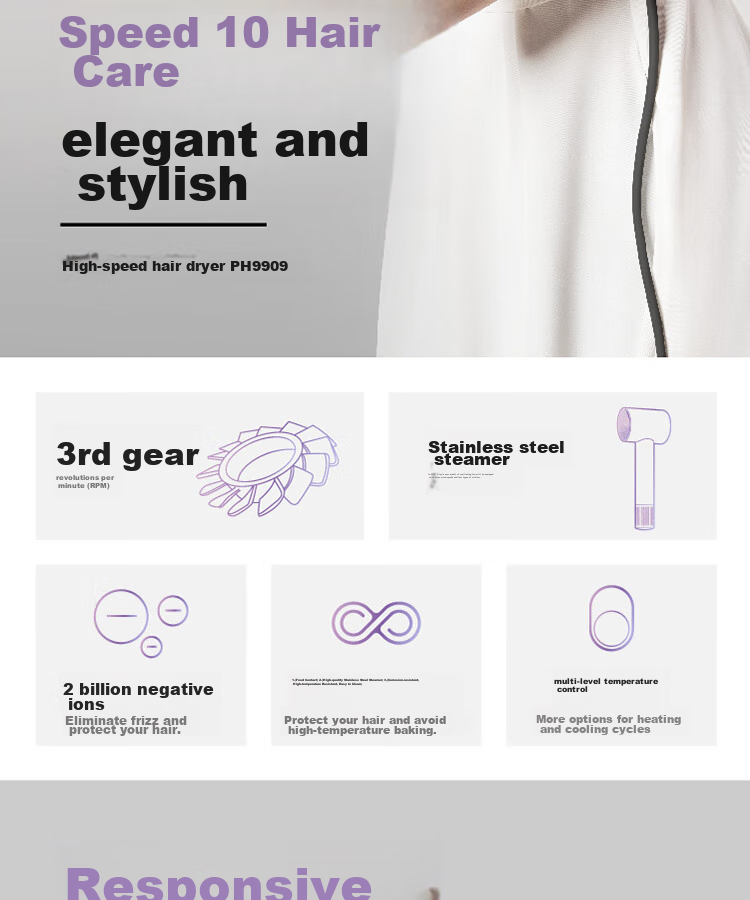 POVOS High-Speed Hair Dryer for Home Use, Negative Ion Hair Dryer, High-Power Quick-Drying Low-Noise PH9909 Amethyst Crystal Birthday Gift for Girlfriend Or Wife 2