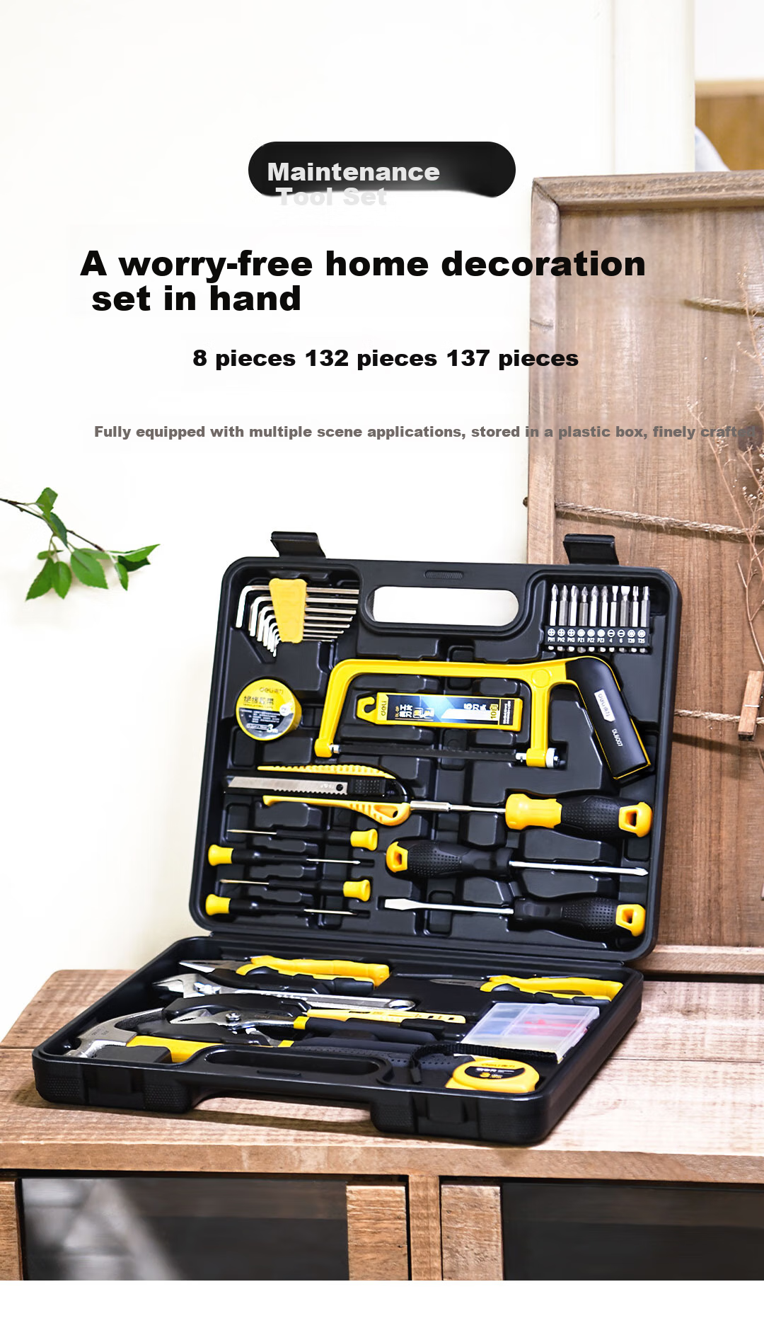 Deli Home Complete Set of Hardware Manual Tool Box Kit, 37-Piece Set, Electrician Carpenter Telecommunications Multi-Functional Repair Set 1