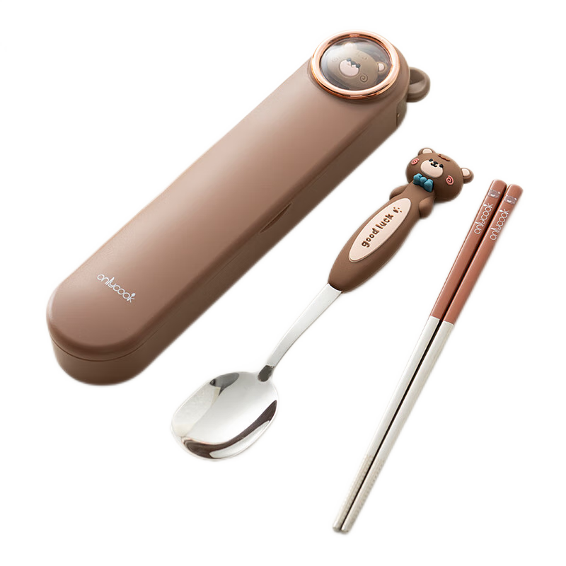 Onlycook 316 Stainless Steel Portable Tableware Set for Students And Children, Chopsticks And Spoon with Storage Box - Bear Desig