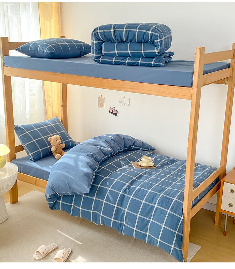 Wuyinliangpin Cotton Student Bedding Set, Dormitory Bed Sheet Duvet Cover Pillowcase Single Bed Three-Piece Set, Blue-Gray Large Check Patter 8