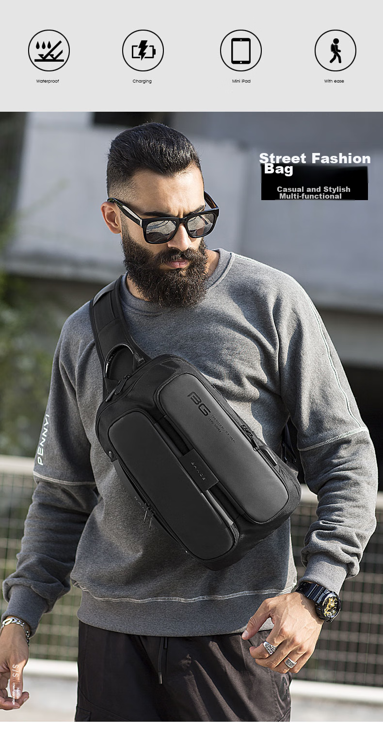 Bange Chest Bag for Men, Travel Shoulder Bag, Business Casual, Multi-Compartment, Large Capacity, Versatile, 11-Inch Tablet Crossbody Bag, Black 2