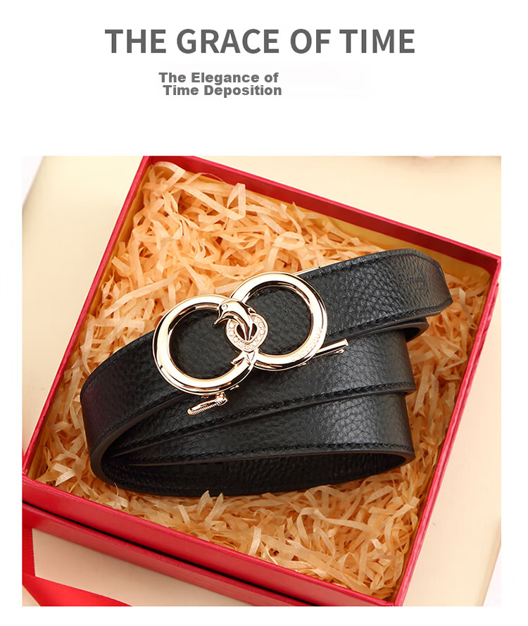 CROCODILE Genuine Leather Women's Belt, Double-Ring Automatic Buckle, Simple Top-Layer Cowhide Waistband, Birthday Gift, T2909 Black 2