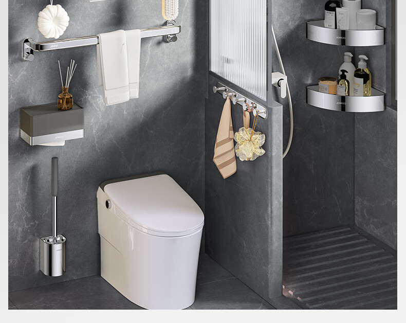 JOMOO Bathroom Storage Rack, Towel Holder, Thickened Foldable Bathroom Organizer, Bright Silver Stainless Steel, 936024 5