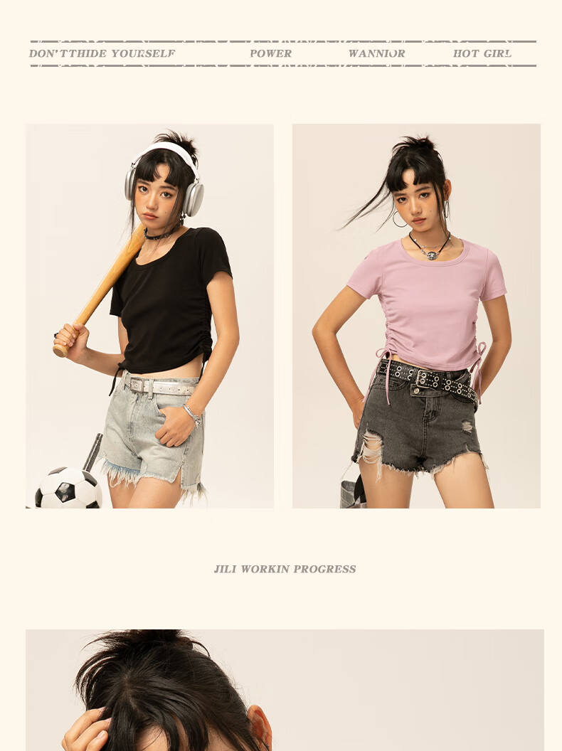 Warrior Red Short Sleeve T-Shirt Women Summer 2026 New Knitted Drawstring Half Sleeve Slim Waist Crop Top 13
