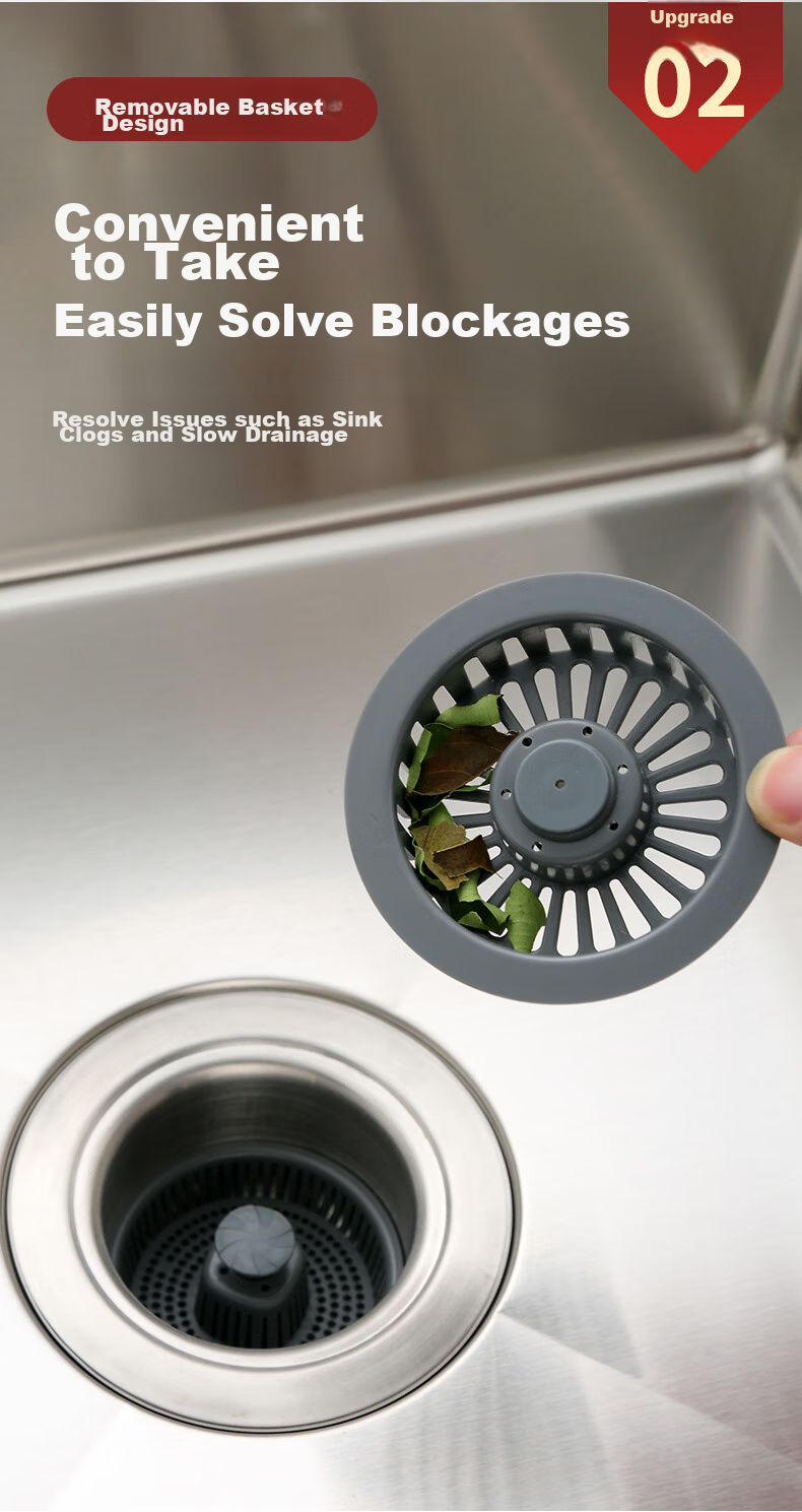 Pollock Kitchen Double Sink Strainer, Vegetable Washing Basin Drain Stopper, Spring-Loaded Filter Core, Stainless Steel Odor Prevention Device SCX-S 6