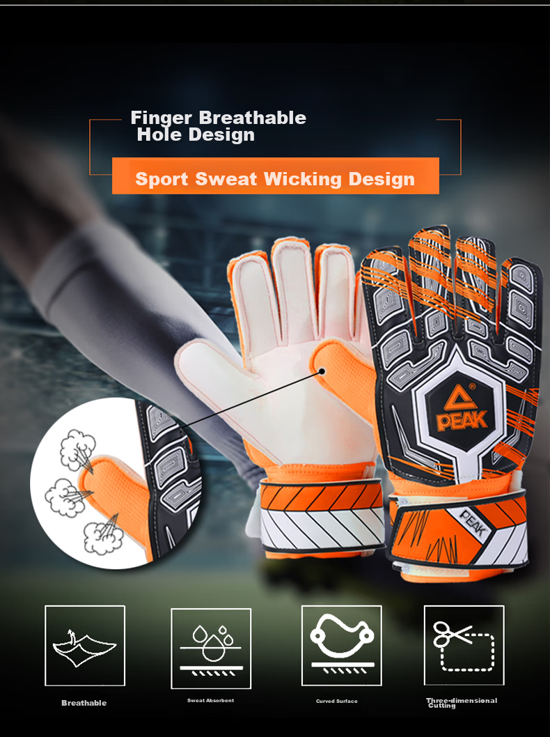PEAK Goalkeeper Gloves with Finger Protection, Natural Latex, Non-Slip, Wear-Resistant, Shock-Absorbing, Professional Training Gloves for Adults And Children, Soccer Goalie Equipment, Orange, Size 10 10