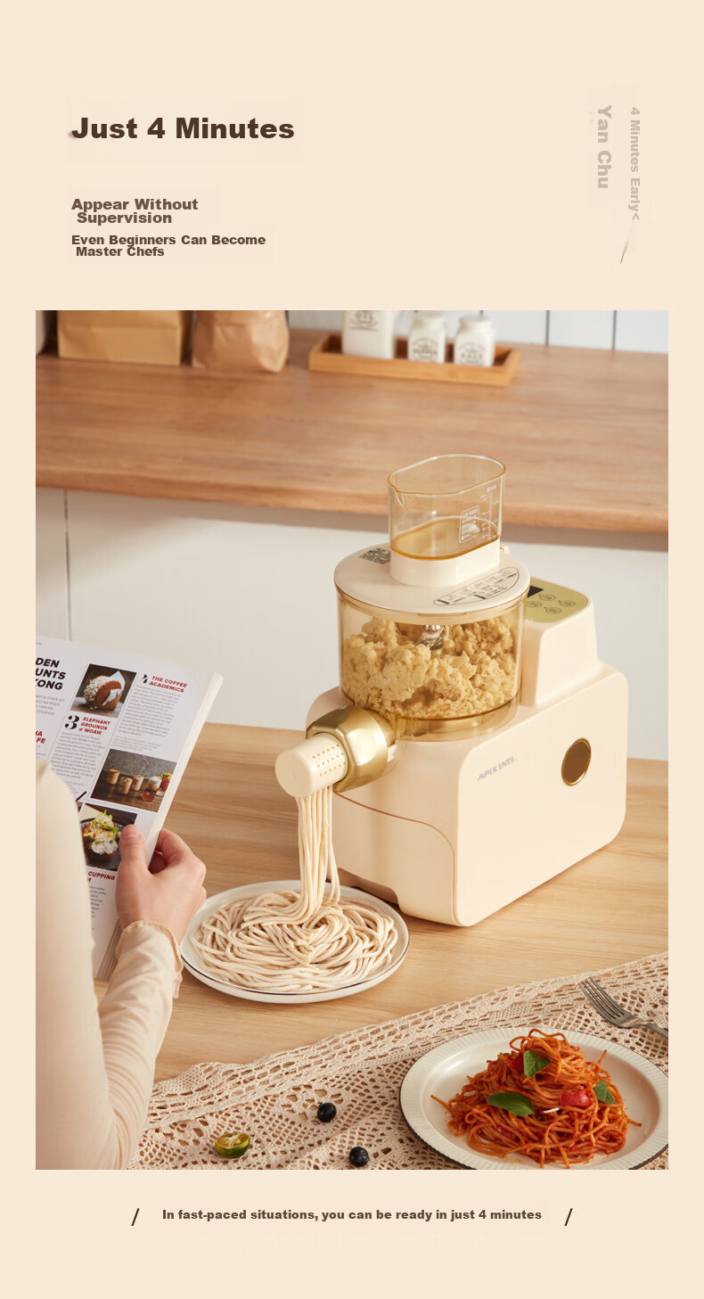 APIXINTL Anben Su Noodle Maker, Fully Automatic Pasta Machine, Multi-Functional Home Use, Multiple Mold Options, Electric Dough Kneader, Dumpling Wrapper Maker, 4-Person Capacity, APIX-M06 4