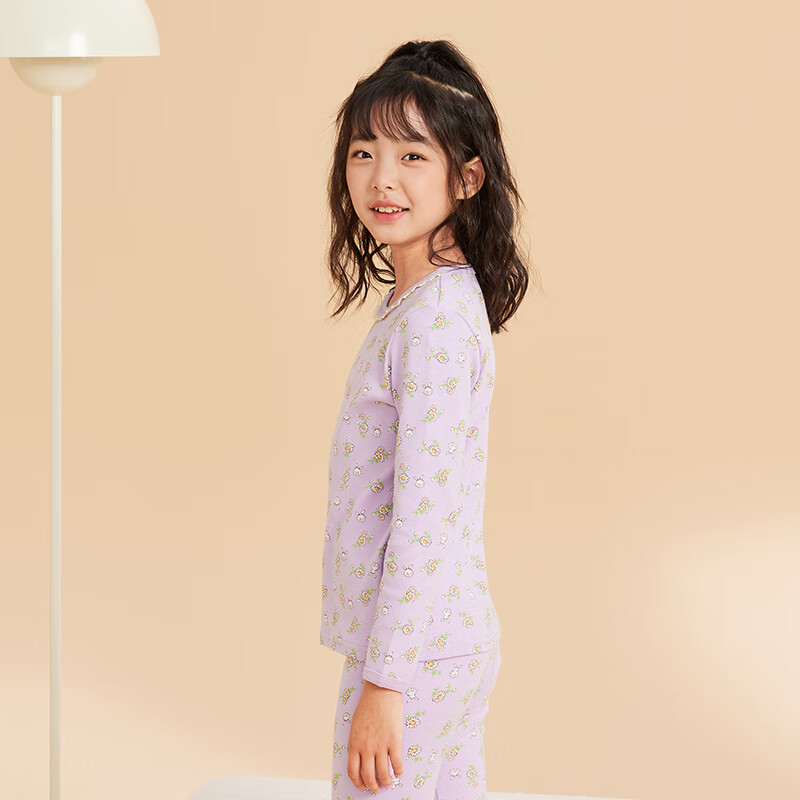 Hodo Children's Pure Cotton Underwear Set, Boys And Girls Autumn Thermal Underwear, Low-Collar Cotton Sweater, M1170 Light Purple, Size 120
