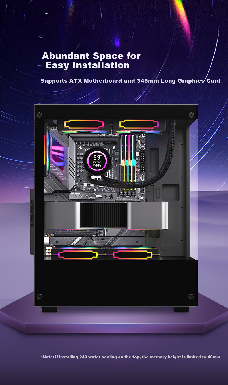 AOC CG390B Black Gaming Computer Tower Case, Dual-Sided Glass, Supports ATX Motherboard, 240mm Water Cooling, 5 Fan Positions, 270° Panoramic View, Upper And Lower Compartments 2