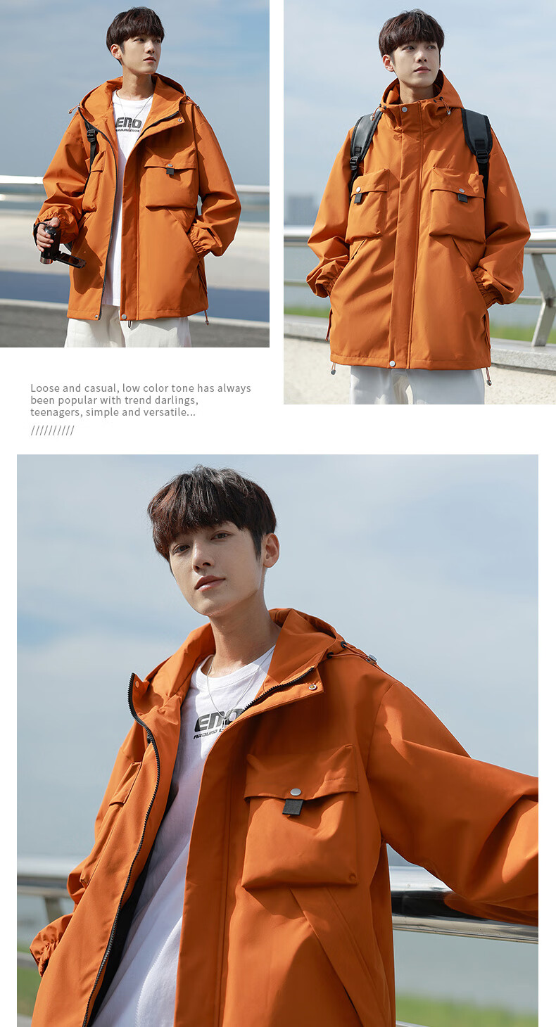 POUM American-Style Workwear Trendy Jacket for Men, Spring And Autumn Loose Fit Windproof Casual Coat, 2451 Orange-Red XL 5