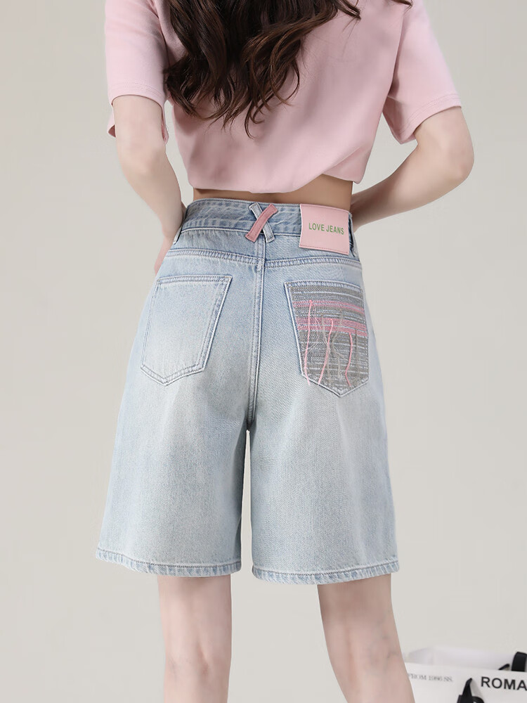 Dme Sweet Cool Girl Style Spring And Summer Contrasting Color Design Denim Knee-Length Pants, Women's Loose Non-Stretch Mid-Length Shorts, Light Blue, Size 30 1