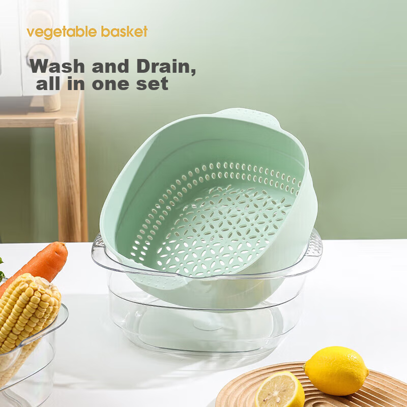 MAXCOOK Vegetable Washing Basket Draining Basket Plastic Double-Layer Vegetable Washing Basin Colander Strainer Basket 1 Basin 1 Strainer Dahong MCPJ3972