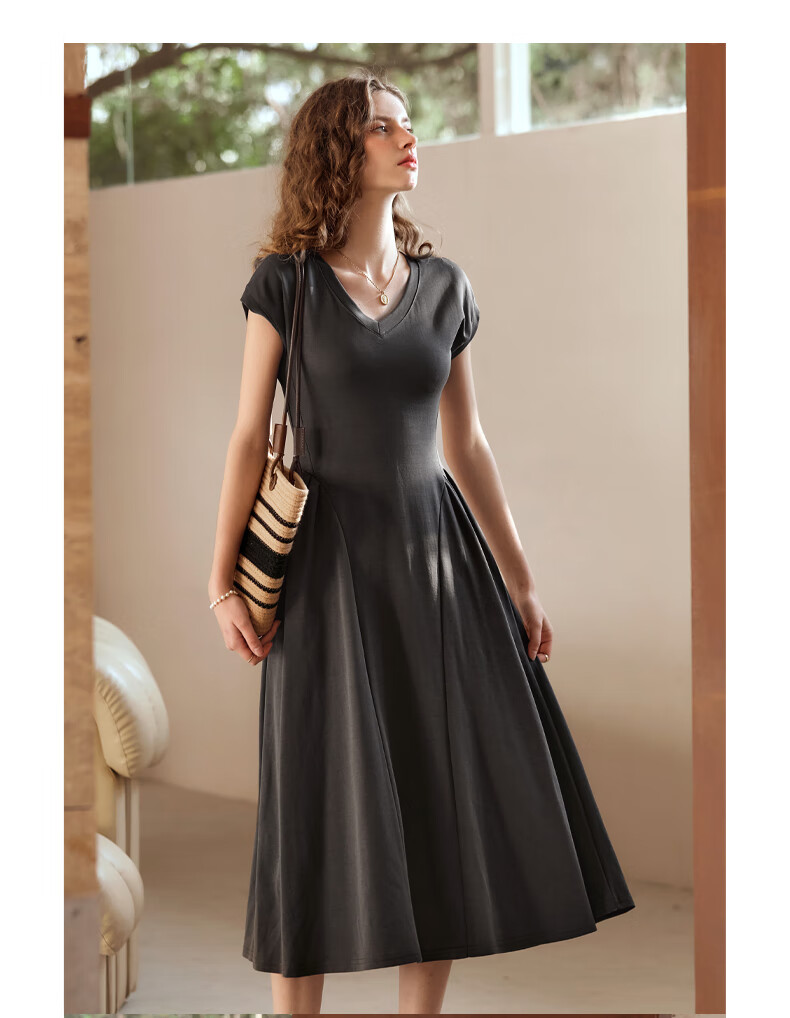 Olrain French-Style Elegant V-Neck Dark Gray Dress for Women, Summer Waist-Cinching A-Line Hem Audrey Hepburn Style, Dark Gray, Size L 23