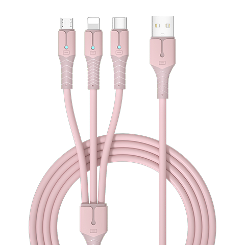 Nengshi Three-In Charging Cable, Fast Charging Compatible with Apple IPhone 14/Type-C And Android Devices, One-To Head for Xiaomi/Huawei, 66W Car Charger Cable, 1 Meter, Pink