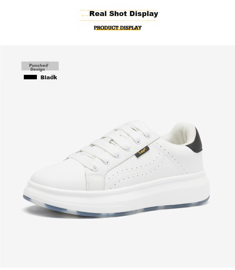 Lee White Sneakers for Men, Fashionable Casual Skateboard Shoes, Versatile Breathable Thick-Soled Low-Top Sports Casual Shoes, Black, Size 43 9