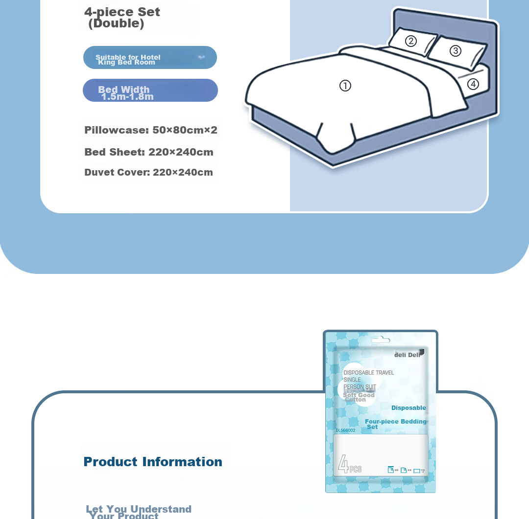 Deli Disposable Bedding Set, Includes Bed Sheet, Duvet Cover, Pillowcases, Thickened Bedding, Travel Essential, Portable, for Hotel Use, Suitable for Two People 19