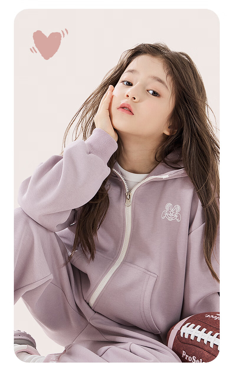 Disney Girls' Outfit Set for Spring And Autumn, Stylish Big Kids Casual Zip-Up Hooded Sweatpants Two-Piece Set 3DT004 Pink Purple 150 9