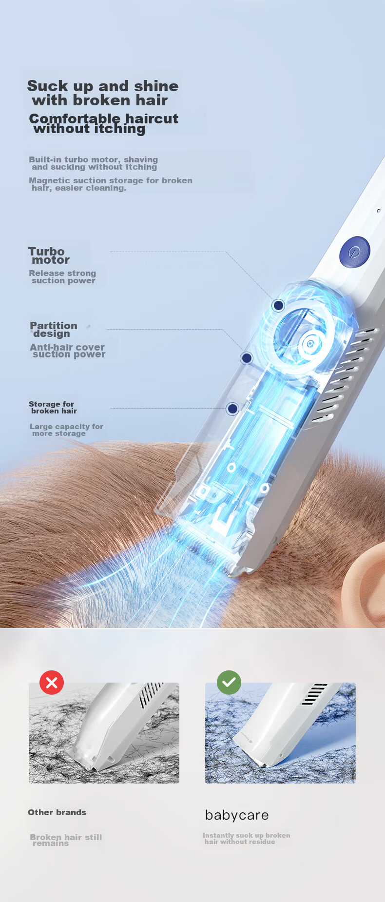 Babycare Baby Hair Clipper, Fully Waterproof, Low Noise, Automatic Hair Suction, Shaving Head, for Children And Babies Aged 0-3 Years, Sea Mist Blue 2