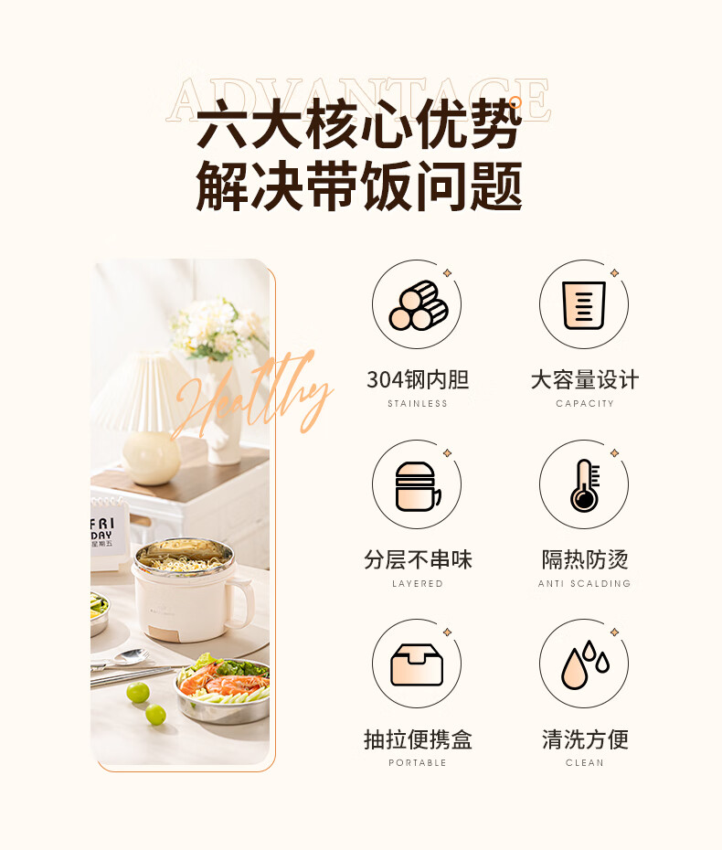 Guangyi 304 Stainless Steel Student Lunch Box, Fast Food Cup with Lid, Three-Layer Noodle Bowl, Comes with Spoon And Chopsticks, Green GY7353 1