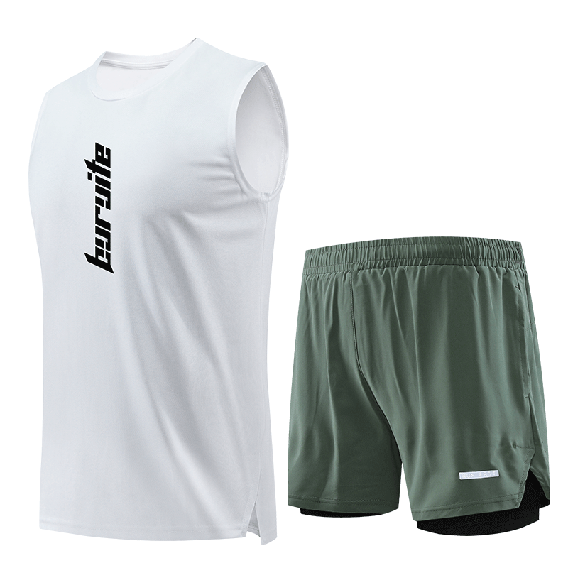 BURUITE Running Sports Set for Men, Ice Silk Vest T-Shirt, Quick-Dry Clothing, Loose-Fitting Marathon Track And Field Training Fitness Wear Shorts