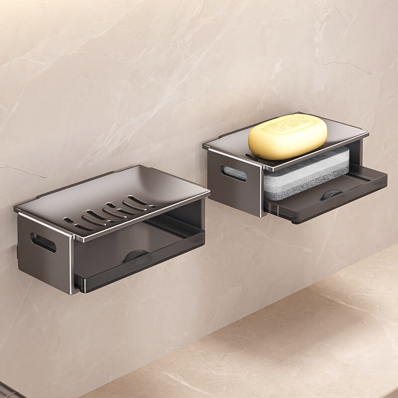 Huxiansen Soap Dish without Drilling, Space Aluminum Suction Cup Wall-Mounted Storage Rack for Bathroom, Luxurious Home Use