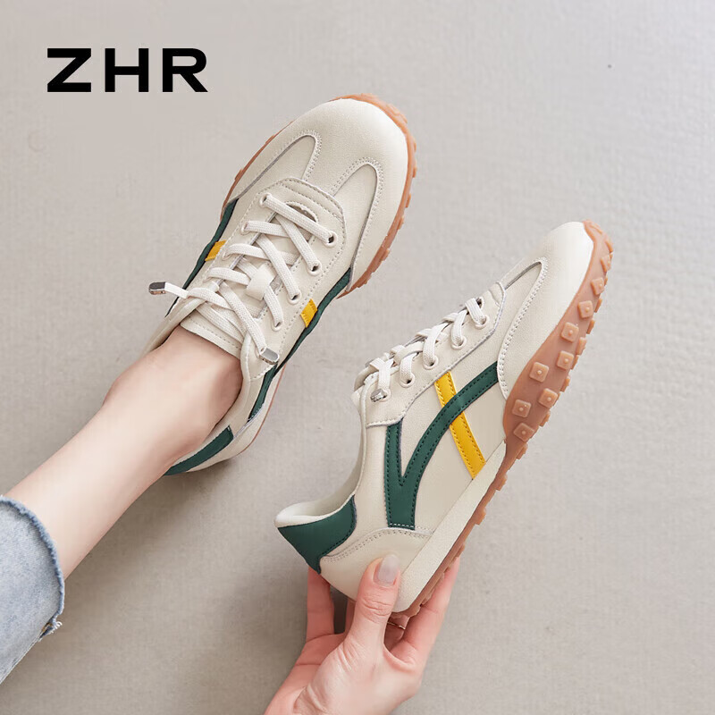 ZHR Casual Shoes for Women, Trendy Comfortable Lightweight Women's Shoes, Genuine Leather Color-Block Soft-Soled Sneakers for Women A113 Beige-Green Size 37