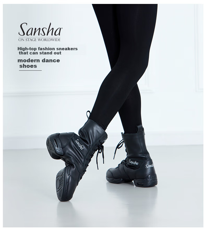 Sansha Imported Leather Dance Sneakers with Soft Soles, High Tops for Square Dancing, Jazz Dancing, Modern Dance P99 Black Size 35 1