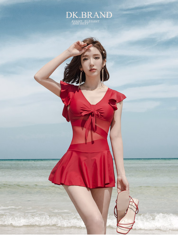 DK Swimsuit for Women, Sexy Push-Up Korean Style One-Piece Dress, Conservative Tummy-Covering Slimming Swimwear for Hot Springs, Red, M 15