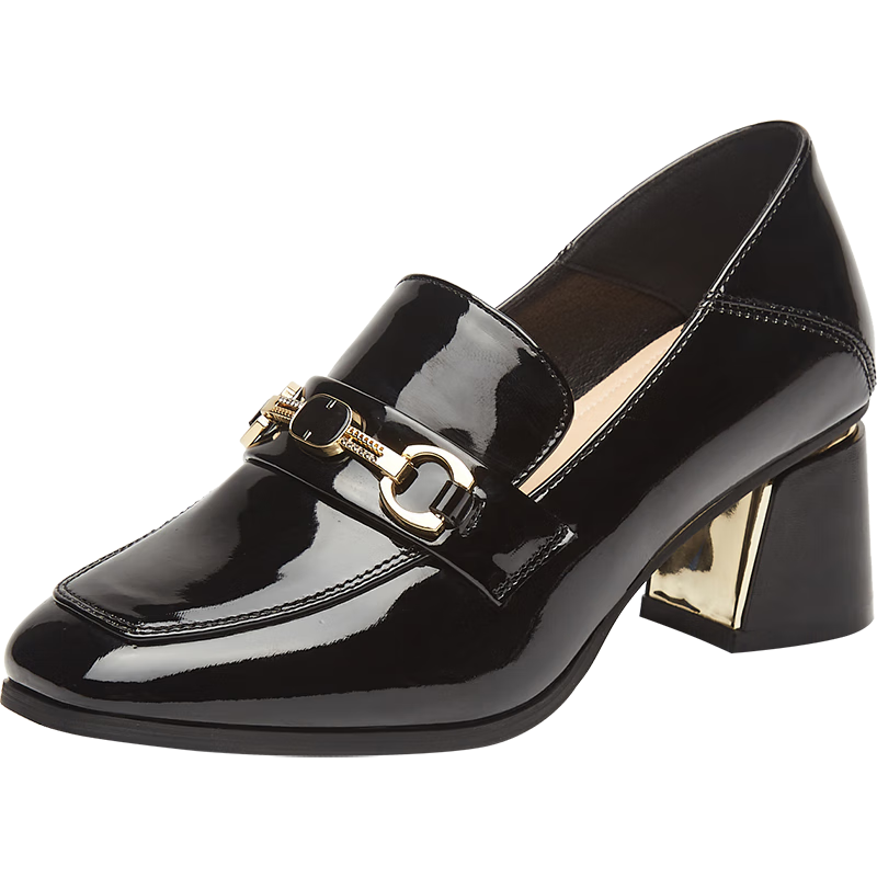 DAPHNE Women's Formal Leather Shoes, British Style Chunky Heel High Heels for Work, Business Commute Loafers, Black, Size 38