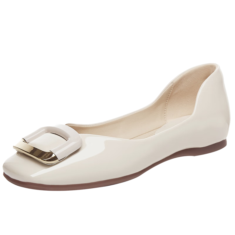 DAPHNE French Shallow Women's Flat Shoes, Red Elegant Loafers, Square Buckle Women's Shoes 4623101054 Beige 35