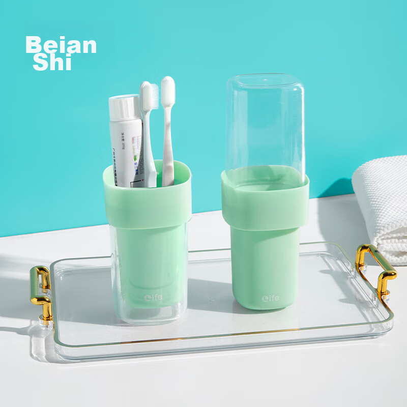 Briars Toothbrush Cup, Travel Portable Home Use Toothbrush Cup, Mouthwash Cup Set with Detachable 2 Pieces, Cream Gree