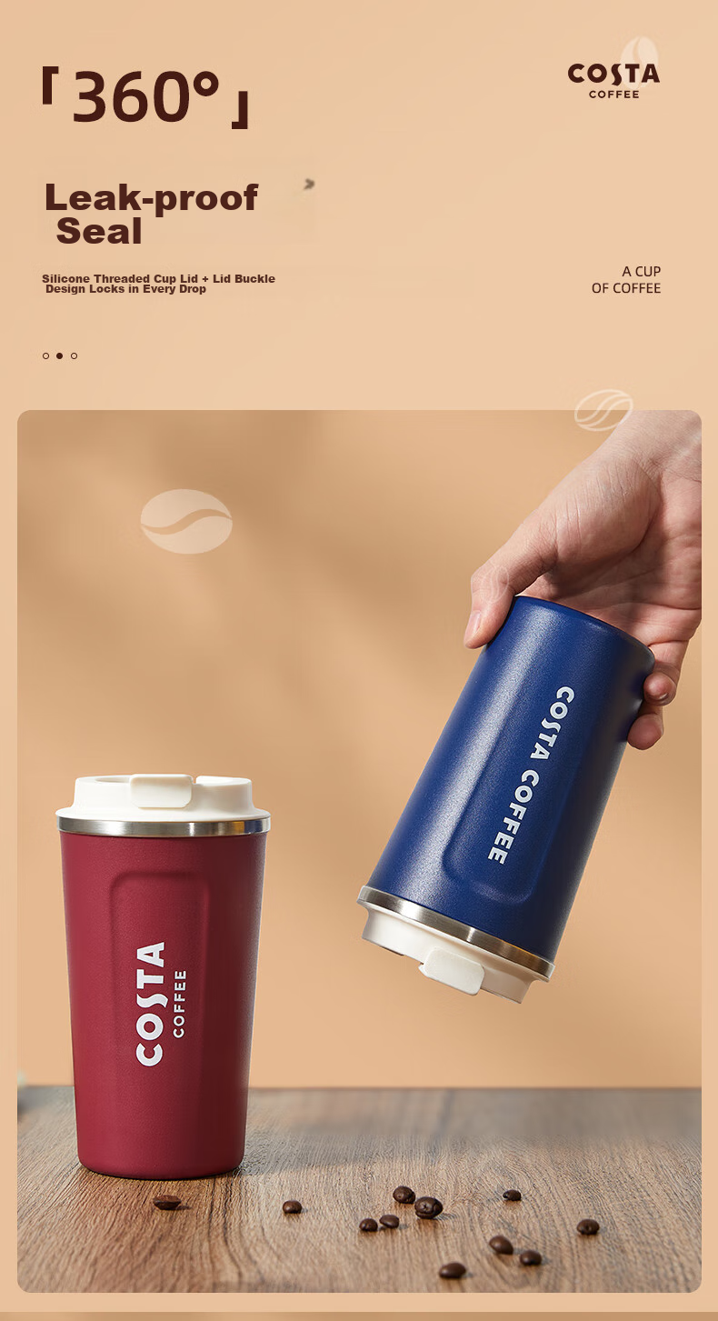 COSTA Stainless Steel Coffee Mug with Lid, Portable Travel Cup for Men And Women, Car-Friendly Insulated Water Bottle, Gift 9