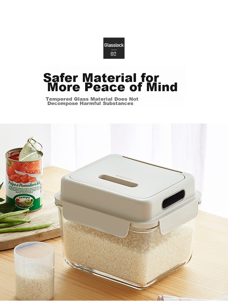 GLASSLOCK Rice Container with Insect-Proof Glass Lid, Kitchen Sealed Glass Storage Bin for Grains And Cereals, Large Capacity Moisture-Proof Rice Bucket 3.7L 3