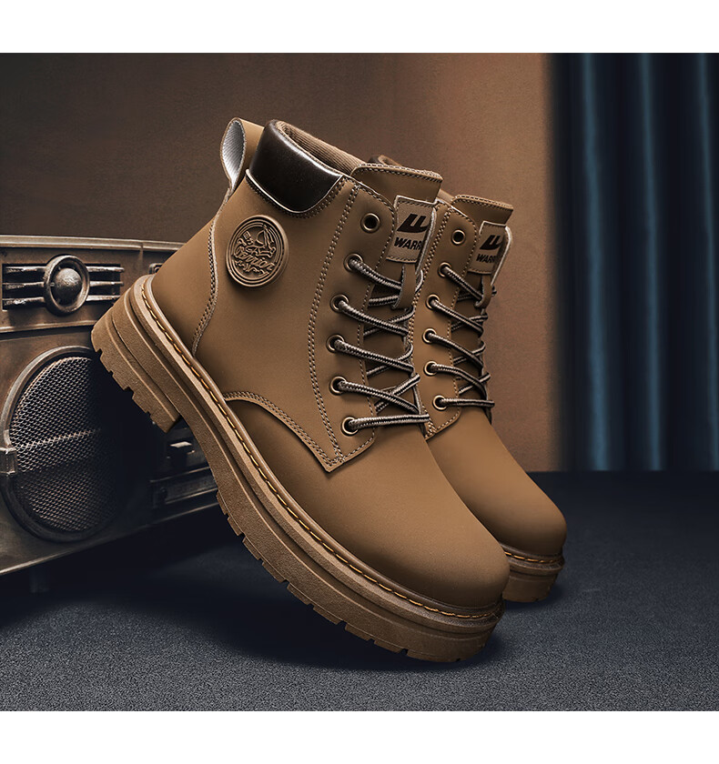 Huili Men's Shoes, 2025 Autumn And Winter New Style Men's Martin Boots, Workwear-Inspired Yellow Boots, High-Top Hiking Shoes, Black, Size 37 15