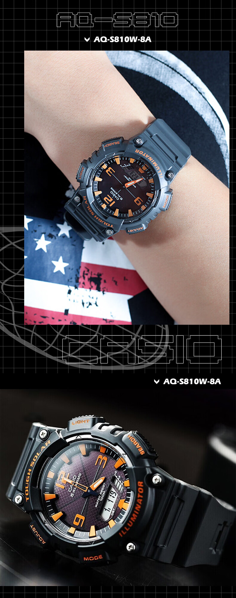 Casio Men's Sports Multifunctional Dual Display Waterproof Solar-Powered Electronic Watch, Student Gift AEQ-110W 8