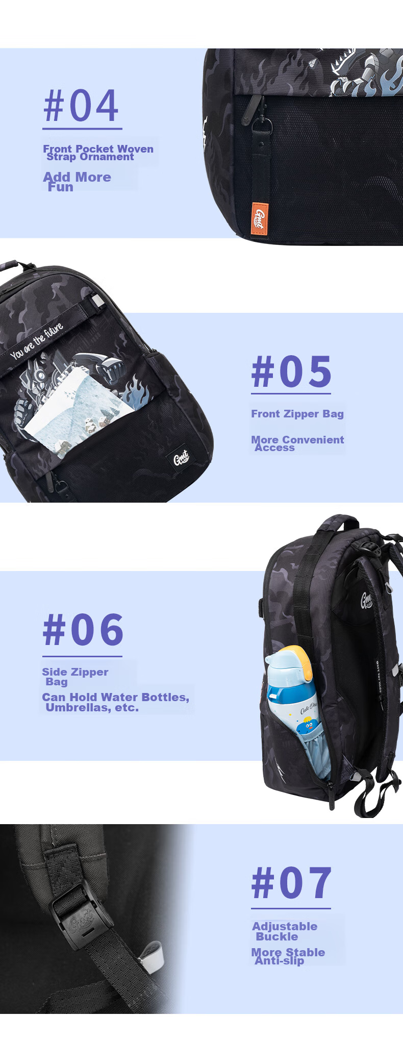 Gmt for Kids Elementary And Middle School Students' Backpack, Children's Spine-Protecting Double Shoulder Bag, Large Capacity Backpack for Grades 4-6, Boys And Girls Steel Armor Warrior 17
