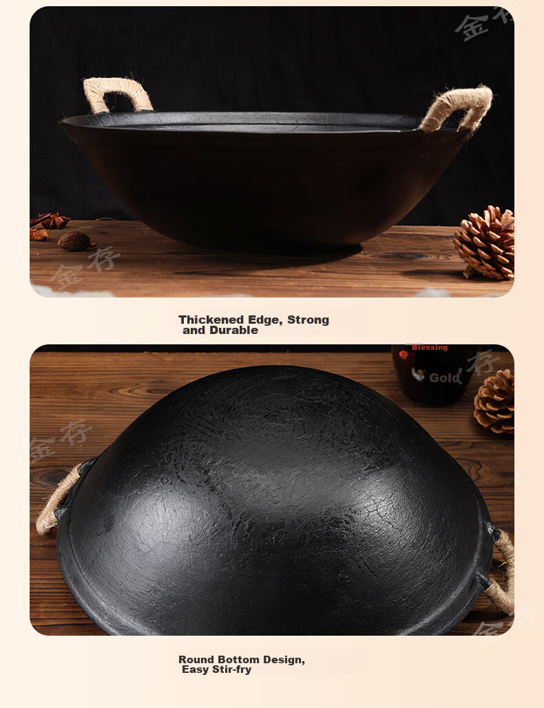 Jincun Cast Iron Wok, Uncoated Stir-Fry Pan, Stew Pot, Non-Stick, Home Use, Round Bottom, Double Handles, Authentic Raw Iron, 38cm 10