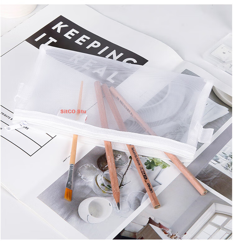 Sitoo Transparent Mesh Pencil Case for Exams, Zipper A63 Pack White Stationery Bag for Exam Room Use, Visible Portable Storage 7