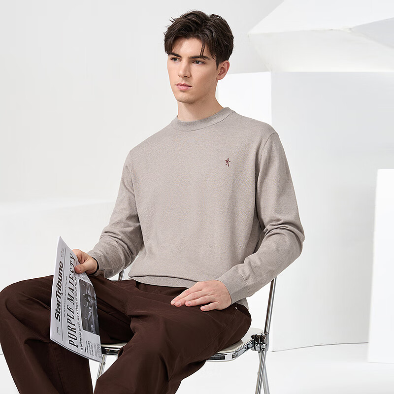 DANCING WOLVES [Sheep Wool] Autumn And Winter Classic Men's Thermal Sweater, Round Neck Long Sleeve Pullover, 701 Khaki, Size 190