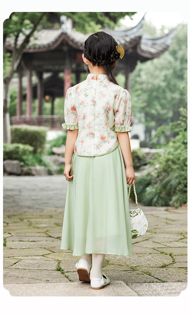 YEEHOO Children's Hanfu Girls' New Chinese-Style Blouse, Big Kids' Short-Sleeve Improved National Style Frog Button Top, Orange, Size 165 12